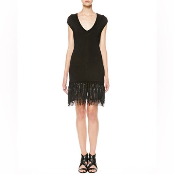 Ralph Lauren Black Lamb Leather-Fringe Silk Knit Sheath Dress - Picture 9 of 16